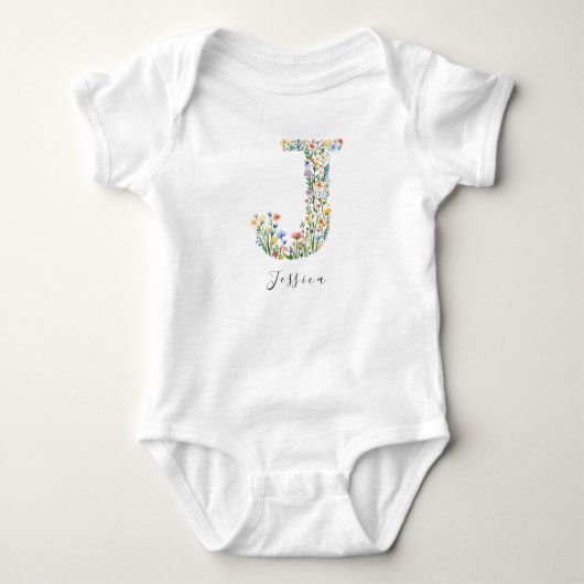 Gepersonaliseerde naam & bloemenmonogram 'J' Romper (Voorkant)