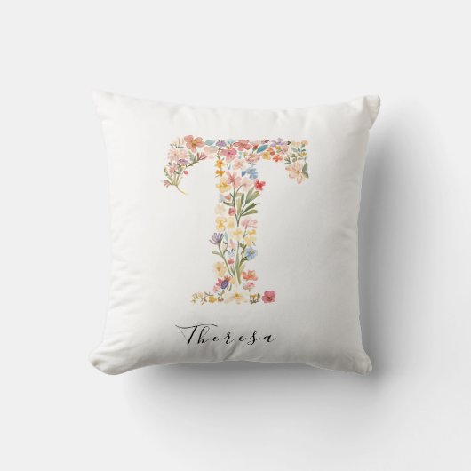 Gepersonaliseerde naam & bloemenmonogram 'T' Kussen (Voorkant)