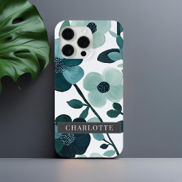 Gepersonaliseerde naam Blue Aqua Floral Vines iPhone 15 Pro Max Hoesje