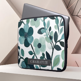 Gepersonaliseerde naam Blue Aqua Floral Vines Laptop Sleeve