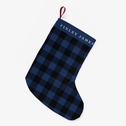 Gepersonaliseerde naam Blue Black Buffalo Plaid Ru Kleine Kerstsok (Voorkant (Hangend))