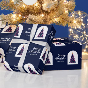 Gepersonaliseerde naam Blue Checkered Christmas Tr Cadeaupapier