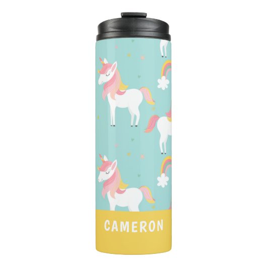 Gepersonaliseerde naam Blue Rainbow Unicorn Kinder Thermosbeker (Voorkant)