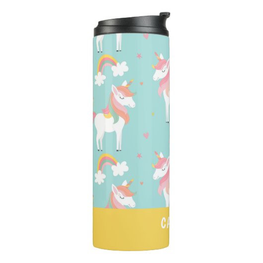 Gepersonaliseerde naam Blue Rainbow Unicorn Kinder Thermosbeker (Gedraaid links)