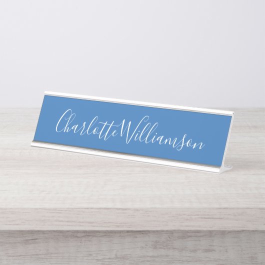 Gepersonaliseerde naam Blue Script Elegant Profess Bureau Naambordje (Voorkant)