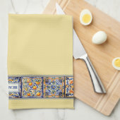 Gepersonaliseerde naam Blue & Yellow Mediterranean Theedoek (Quarter Fold)