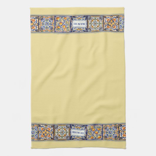 Gepersonaliseerde naam Blue & Yellow Mediterranean Theedoek (Verticaal)