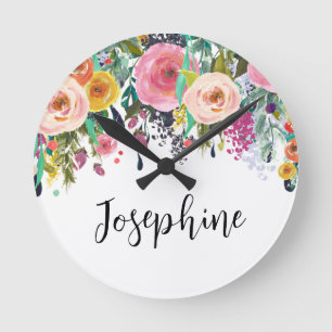 Gepersonaliseerde naam Boho Bloemen Slaapkamer Kwe Ronde Klok