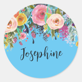 Gepersonaliseerde naam Boho Bloemen Slaapkamer Kwe Ronde Sticker