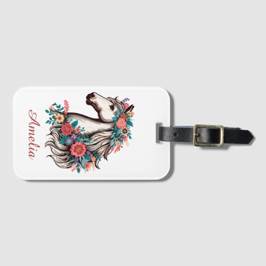 Gepersonaliseerde naam Boho Paard met bloemen Bagagelabel (Voorkant (horizontaal))