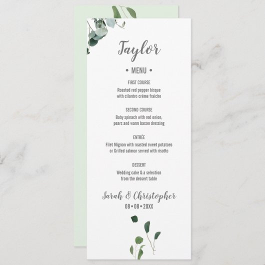 Gepersonaliseerde naam Botanische groene bladeren Menu (Voorkant / Achterkant)