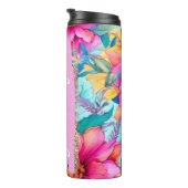 Gepersonaliseerde naam Bright Pink Floral Unieke G Thermosbeker (Geroteerd rechts)