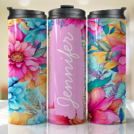 Gepersonaliseerde naam Bright Pink Floral Unieke G Thermosbeker