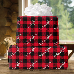 Gepersonaliseerde naam Buffalo Plaid Christmas Red Cadeaupapier