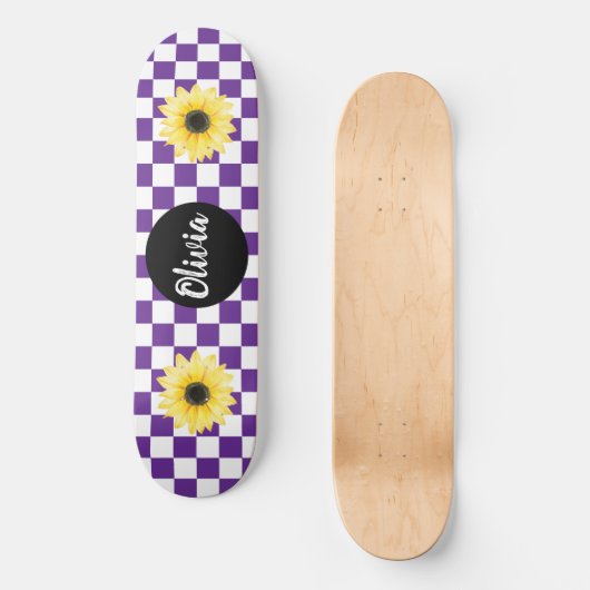 Gepersonaliseerde Naam Checkerboard & Zonnebloem p Persoonlijk Skateboard (Voorkant)