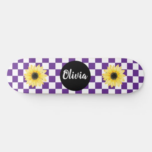 Gepersonaliseerde Naam Checkerboard & Zonnebloem p Persoonlijk Skateboard (Horizontaal)