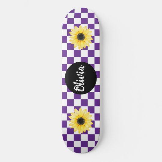Gepersonaliseerde Naam Checkerboard & Zonnebloem p Persoonlijk Skateboard (Voorkant)