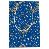 Gepersonaliseerde naam Christmas Script Blue Faux  Medium Cadeauzakje (Voorkant)