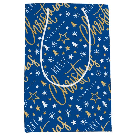 Gepersonaliseerde naam Christmas Script Blue Faux  Medium Cadeauzakje (Voorkant)