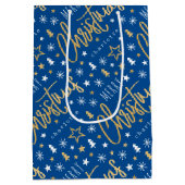 Gepersonaliseerde naam Christmas Script Blue Faux  Medium Cadeauzakje (Achterkant)