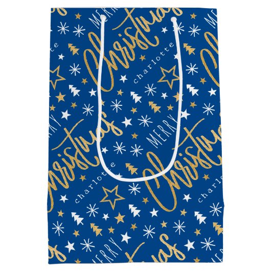 Gepersonaliseerde naam Christmas Script Blue Faux  Medium Cadeauzakje (Achterkant)