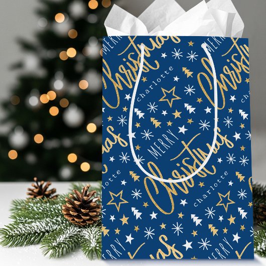 Gepersonaliseerde naam Christmas Script Blue Faux  Medium Cadeauzakje