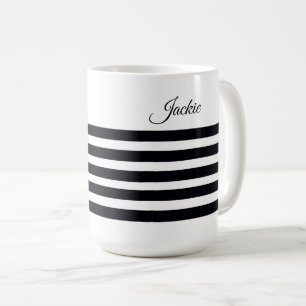Gepersonaliseerde Naam Classic Zwart & Wit Strepen Koffiemok