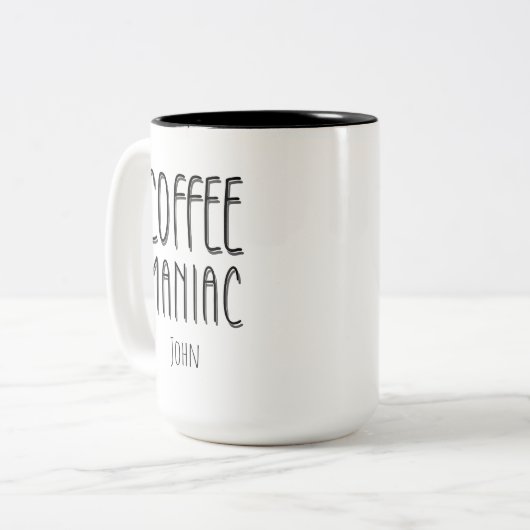 Gepersonaliseerde naam Coffee Maniac - Grappig Tweekleurige Koffiemok (Voorkant links)