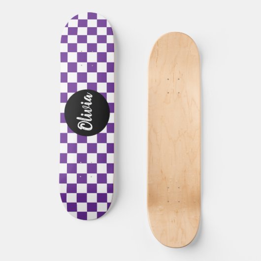 Gepersonaliseerde naam dambordpatroon paarse persoonlijk skateboard (Voorkant)