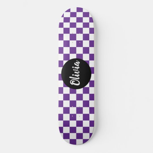 Gepersonaliseerde naam dambordpatroon paarse persoonlijk skateboard (Voorkant)