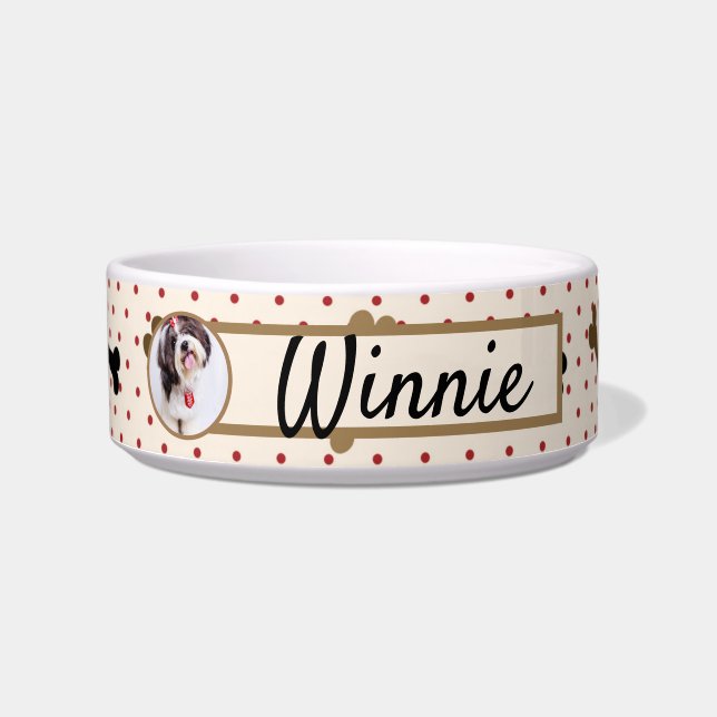Gepersonaliseerde naam Dog Photo Pet Bowl Bruine B Voerbakje (Voorkant)