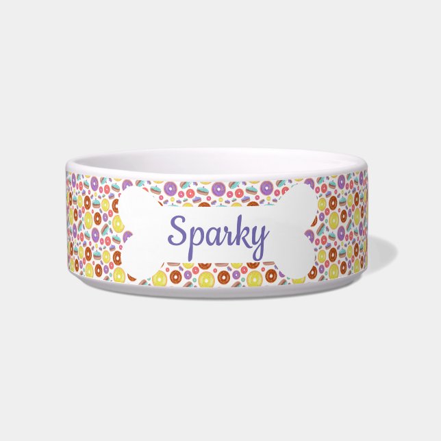 Gepersonaliseerde naam Donuts Pattern Pet Voerbakje (Voorkant)