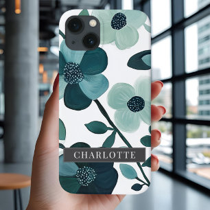 Gepersonaliseerde naam Elegant Blue Aqua Floral Vi Case-Mate iPhone Case