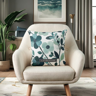 Gepersonaliseerde naam Elegant Blue Aqua Floral Vi Kussen