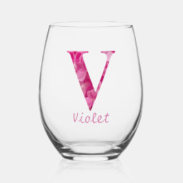 Gepersonaliseerde naam Elegant Pink Floral Monogra Wijnglas Zonder Voet
