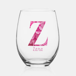 Gepersonaliseerde naam Elegant Pink Floral Monogra Wijnglas Zonder Voet