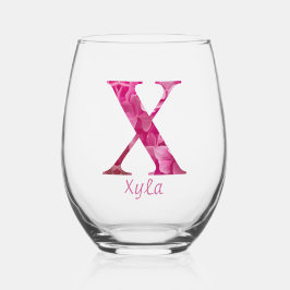Gepersonaliseerde naam Elegant Pink Floral Monogra Wijnglas Zonder Voet