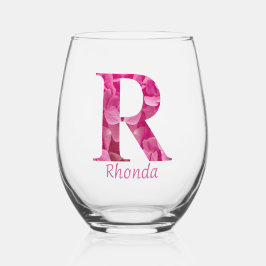 Gepersonaliseerde naam Elegant Pink Floral Monogra Wijnglas Zonder Voet
