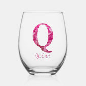 Gepersonaliseerde naam Elegant Pink Floral Monogra Wijnglas Zonder Voet (Voorkant)