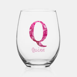 Gepersonaliseerde naam Elegant Pink Floral Monogra Wijnglas Zonder Voet