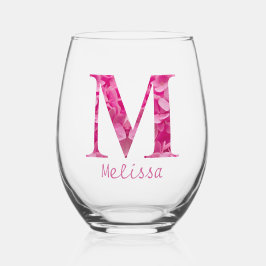 Gepersonaliseerde naam Elegant Pink Floral Monogra Wijnglas Zonder Voet