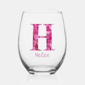 Gepersonaliseerde naam Elegant Pink Floral Monogra Wijnglas Zonder Voet (Voorkant)
