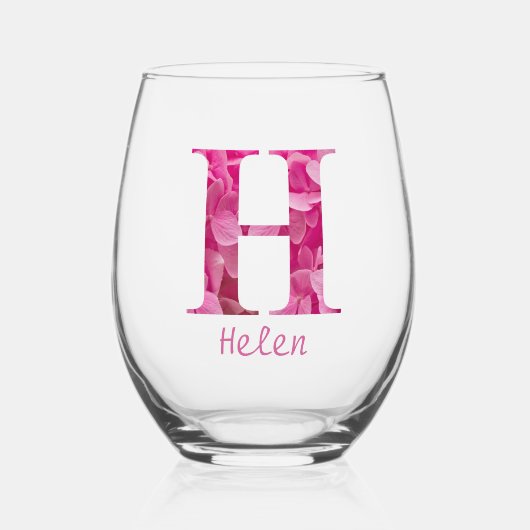 Gepersonaliseerde naam Elegant Pink Floral Monogra Wijnglas Zonder Voet (Voorkant)