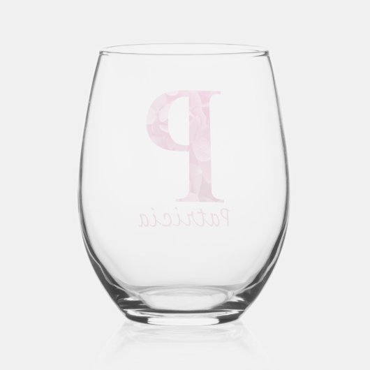 Gepersonaliseerde naam Elegant Pink Floral Monogra Wijnglas Zonder Voet (Achterkant)