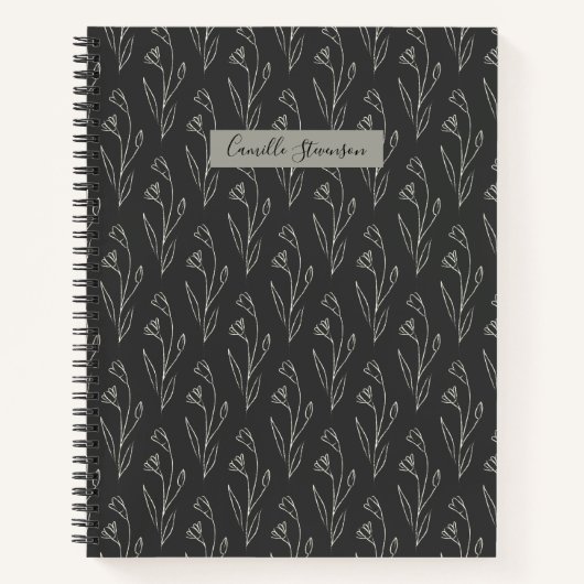 Gepersonaliseerde Naam Elegant Zwart Wit Bloemen Notitieboek (Voorkant)