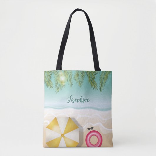 Gepersonaliseerde naam en tropische strandpalmblad tote bag (Voorkant)