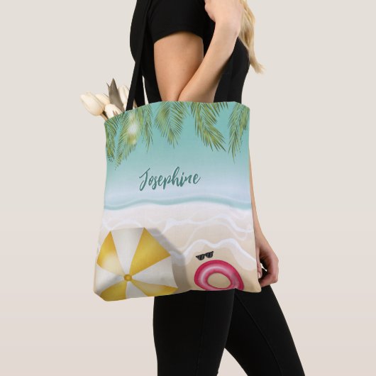 Gepersonaliseerde naam en tropische strandpalmblad tote bag (Dichtbij)