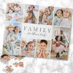 Gepersonaliseerde naam Familiefotocollage Legpuzzel<br><div class="desc">Deze eenvoudige en elegante foto puzzel is een leuke en zinvolle manier om gekoesterde herinneringen te laten zien. Het ontwerp biedt ruimte voor acht foto's, gerangschikt in een rand rond de randen, terwijl de focus op de betekenisvolle tekst in het midden blijft. In het midden wordt "Familie" weergegeven in een...</div>