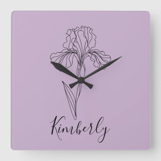 Gepersonaliseerde naam Februari Iris Geboortebloem Vierkante Klok (Voorkant)