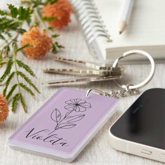 Gepersonaliseerde naam Februari Violet Geboorteblo Sleutelhanger (Voorkant Rechts)